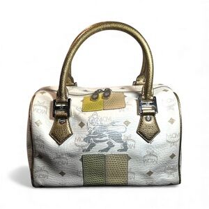 MCM White Coated Canvas Satchel Bronze Trim Python Embossed Leather Handbag